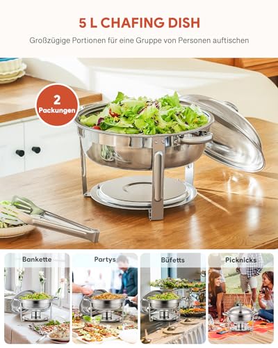 Wilprep 2er Set Rund Chafing Dish Set 5L Speisenwärmer Edelstahl Buffet Wärmebehälter Suppenwärmer Bain Marie Speisen Warmhaltebehälter für Restaurants, Buffets, Schulen