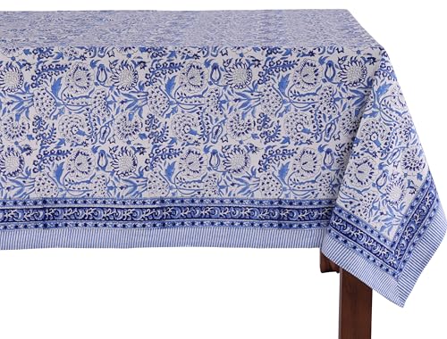 ATOSII Cotton Blockprint Rectangle Table Cloth, Indigo Bloom, Large