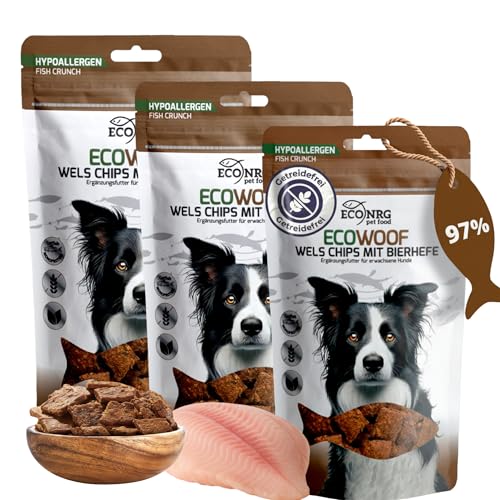 ECO WOOF Pesce Leckerli | Patatine di pesce gatto essiccate 97% con lievito di birra, 3 x 125 g | Snack per cani senza cereali con Omega 3 | Cura naturale dei denti e aiuto digestivo | Ideale come