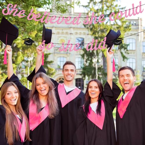 Image of Hoogict She Believed She Could So She Did Pink Graduation Banner Decorations She Did lt Banner for Girls Women Class of 2026 Congrats Grad Sign College Graduation Party Decorations