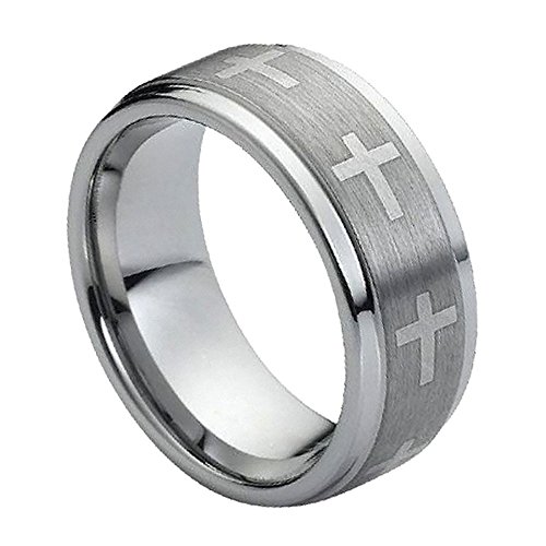Double Accent 9Mm Comfort Fit Tungsten Carbide Wedding Band Laser Engraved Cross Brushed Center Tungsten Ring (5 To 15), 10 #TOP3