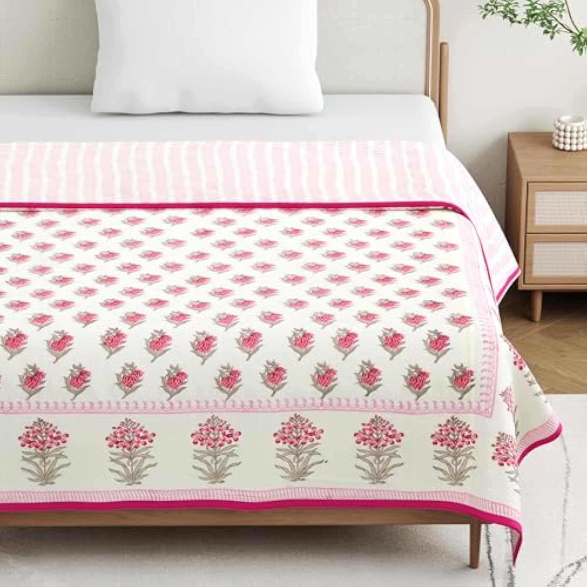 Pink Rose Hand Block Printed Cotton Dohar, Queen Size