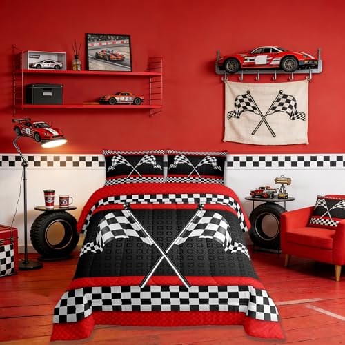 Castle Fairy Race Car Themed Comforter Set Twin Size,Black White Checkered Flag Print Bedding Set for Kids Boys Men,Red Stripes Geometric Grid Plaid Quilted Duvet Set with 1 Pillowcase
