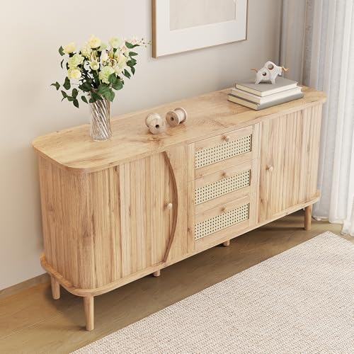 Buffet rotin bois 140 cm 3 tiroirs, Merax