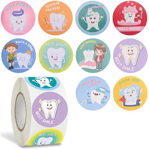 500PCS Dental Stickers 1 inch Tooth Stickers for Kids Children Teeth Fairy Reward Schools Teachers Gift Round Cute Decals (Color)