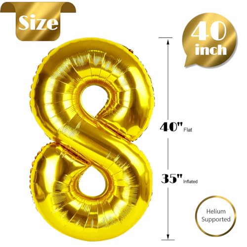 Image of Gold 8 Balloon, Number Balloon 40 Inch, Gold Birthday Decorations, 8 18 28 38 80 Birthday Balloons, 8th Gold Party Supplies, Number 8 Balloon
