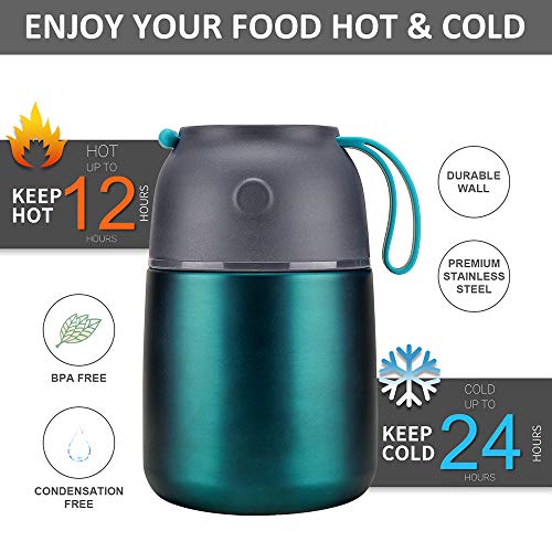 Image of Insulated Thermo Food Jar for Hot & Cold Food for Kids Adult, 17 oz Soup Thermal Hot Food Containers for Lunch, Triple Layer Insulation Stainless Steel Food Jar with Spoon (Green)