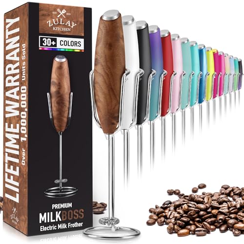 Image of PRO MILK FROTHER WAND - ULTRA HIGH SPEED HANDHELD FROTHER - UPGRADED STAND - Powerful Handheld Mixer with Infinite Uses - Super Instant Electric Foam Maker with Stainless Steel Whisk (Walnut)