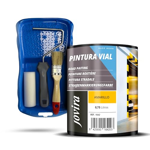 JOVIRA PINTURAS Pintura Vial al Agua + Minicubeta, Rodillo Espuma, Varilla y Paletina. (750 Mililitros, Pintura Amarillo + Minikit) E-86-K