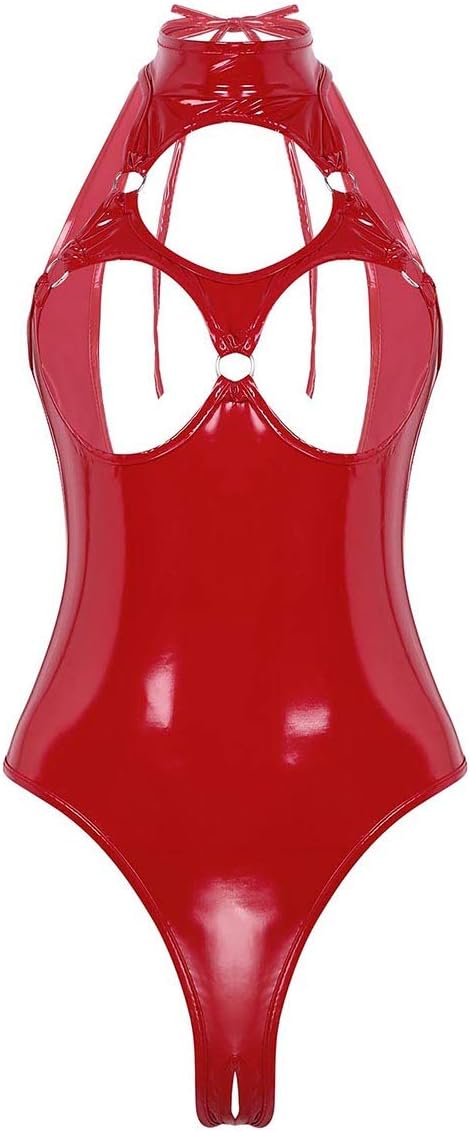JEATHA Women's Metallic PVC Halter Catsuit Hollow Out High Cut Thong Leotard Bodysuit Teddy Lingerie