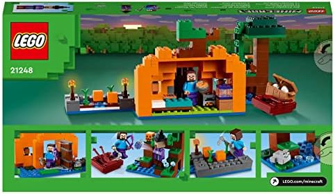 LEGO 21248 Minecraft Dyniowa farma, domek do zbudowania z bagiennego biomu, z żabą, łodzią, skrzynią ze skarbami oraz figurkami Steve'a i czarownicy, prezent dla dzieci od 8 lat