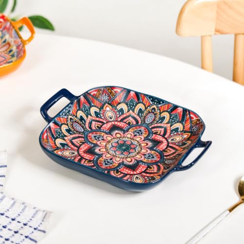 Image of Nestasia Mandala Ceramic Serving Platter with Handles - Square Floral Serving Tray with Glossy Finish | Dishwasher & Microwave Safe Serving Platter for Snacks, Salads & Starters (Blue)