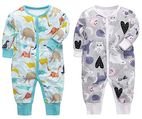 CHUBBYBUN BABY 2-Pack Cotton Footless Long Sleeve Romper Jumpsuit Sleep and Play (Turquoise Grey, 12-18 Months)