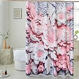 MACOFE Elegant Floral Shower Curtain, Pink & Grey Minimalist Blossoms Fabric Bathroom Decor, Waterproof and Washable Shower Curtain Set with Hooks, 72x72 Inch