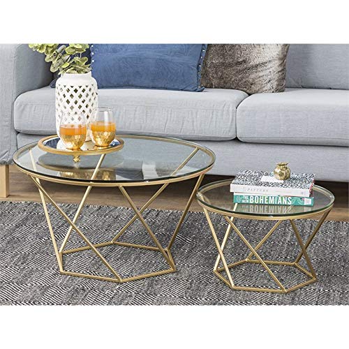 Pemberly Row Nesting Glass Top Round Coffee Table Set In Gold #TOP1