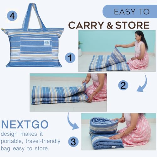 Image of NEXTGO Multi Purpose Foldable Mattress with Carry Bag | Portable & Lightweight Gadda | Suitable for Outdoor Travel Camping, Yoga, Meditaion Mat (Blue White Lining, Double: 48x78 Inch Or 4x6.5 Feet)