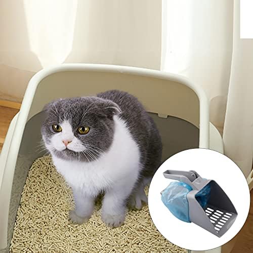 Yafe 1 Pcs Grey Cat Litter Scoop with Bags, ABS Plastic Pet Cleanning Tool Scoop Cat Litter Scooper with Stand Durable Cute Cat Spoons with 3pcs Bags for Pet Cleaning cClumping Cats Litter Food Spoons