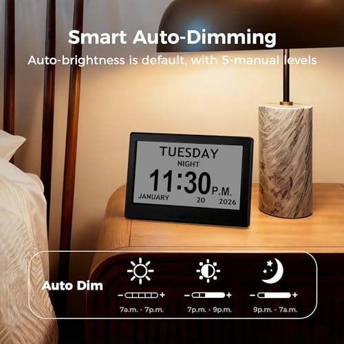 Image of Pastigio 7'' Digital Clock, Dementia Clock with Date and Time, 10 Reminders, 6 Alarms, Auto-Dimming, Auto DST, Remote Control, Large Display Alarm Clock for Seniors, Elderly Must Haves Gifts