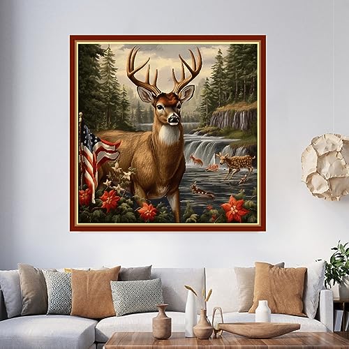 Image of Foxhool Beginners Cross Stitch Kits Stamped Full Range of Embroidery Kits for Adults DIY Cross Stitches kit Embroidery Patterns for Needlepoint kit-Deer National Flag 17.7x17.7 inch