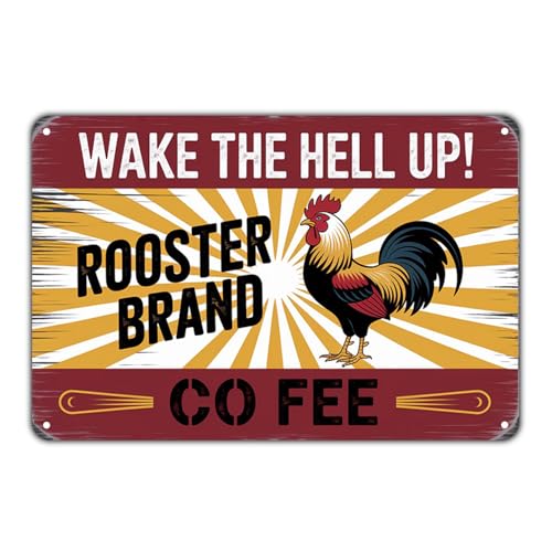 Rooster Coffee Tin Sign Vintage Metal Decor 8x12