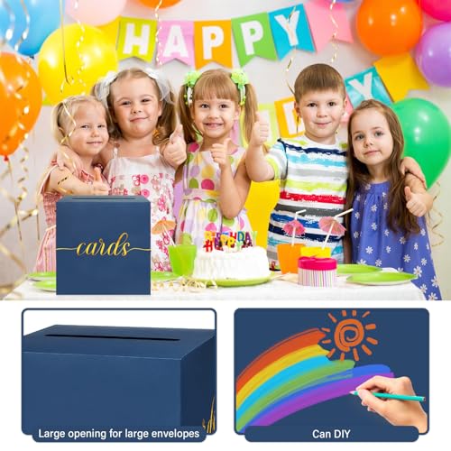 Image of 1 Pack Navy Blue and Gold Foil Card Box for Party, 8.7 inch Navy Blue Gift Card Box Money Box for Birthday, Wedding, Baby Shower, Retirement, Anniversary, Graduation, Raffle Ticket