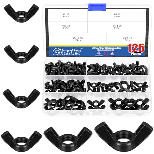 Glarks 135Pcs Wing Nuts Assortment Kit, M3/M4/M5/M6/M8/M10/M12 Black Carbon Steel Butterfly Hardware Wing Nuts (Inch)
