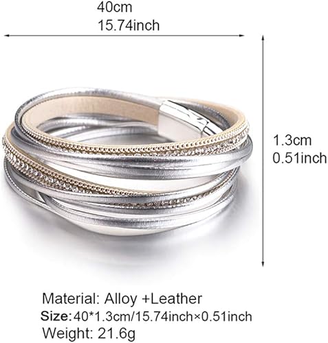 Vista 3 de Fesciory - Pulseras envolventes de cuero para mujer, brazalete con cuentas de cristal de leopardo, bohemia y multicapa