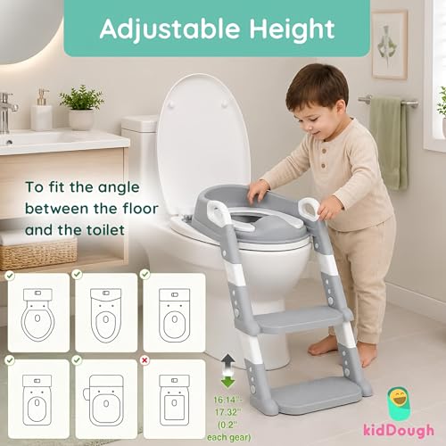 Image of KidDough Potty Training Seat with Ladder, Splash Guard, Handle and Cushion Seat, Polypropylene, Grey, Modern Style, for Kids (Potty Seat with Ladder, Grey)