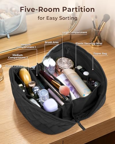 Image of Batfield Makeup Pouch Bag for Women, 2Pcs Waterproof Puffer Set with 180 Flat Open, Travel Large Capacity Makeup Bag for Women with Brush Compartment & Handle for Vacation, Business Trip (Black)