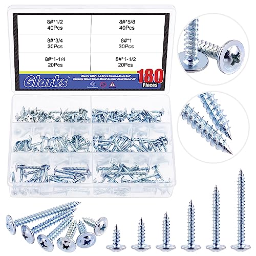 Glarks 180Pcs 6 Sizes #8 Phillips Modified Truss Head Wood Screws Assortment Kit, 8 x 1/2, 5/8, 3/4, 1, 1-1/4, 1-1/2 Blue Zinc Plated Carbon Steel Self Tapping Sheet Metal Screws Set