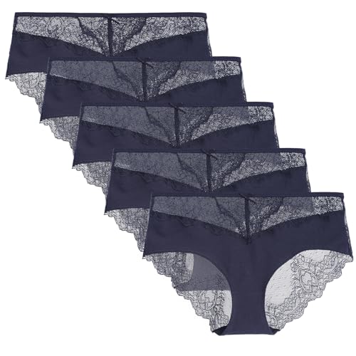Image of LIQQY Women's Lace Knickers Cotton Ladies Panties Seamless Hipster Sexy Underwear Multipack (UK, Alpha, L, Regular, Regular, Navy Blue)