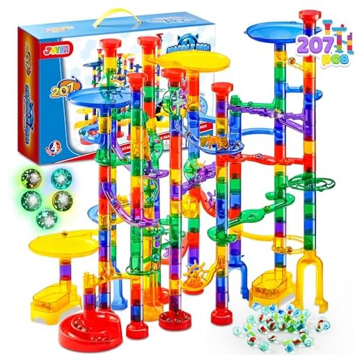JOYIN 207Pcs Glowing Marble Run, Construction Building Blocks Toys with 5 Glow in The Dark Glass Marbles, STEM Toy for Boys and Girls, Educational Toy(147 Plastic Pieces + 60 Glass Marbles)