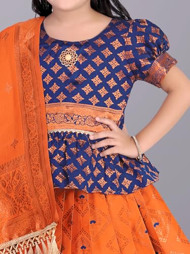Image of Girls Pattu Pavadai Ready to Wear Lehenga, Blouse & Dupatta Set - Heavy Jacquard Fabric, Fully Stitched