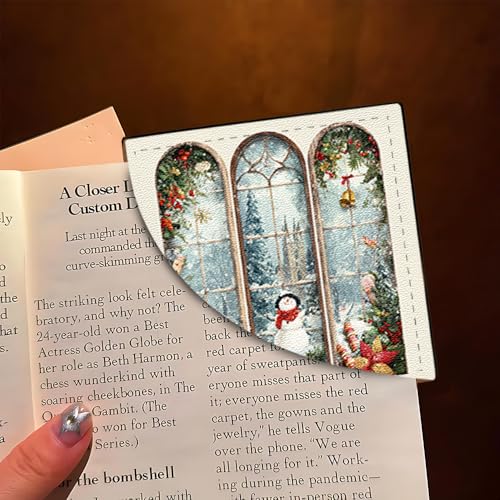 Image of Vintage Snowman Window Corner Bookmarks 2Pcs, Handmade PU Leather Page Markers, Retro Winter Art Stationery Gift for Book Lovers, Kids, Teachers, Aesthetic Reading Accessories 3.54 x 3.54