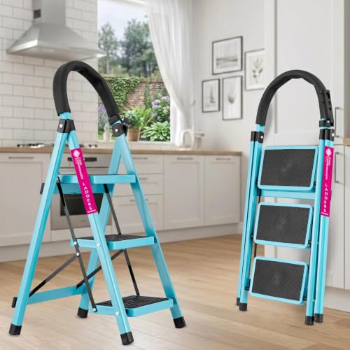 Image of Casa Copenhagen Teal Blue 3 Step Ladder for Home Use with Built-in Tool Tray | Heavy Duty D Shape Rods | Ultra Large Platform | Wide Rubber Feet | 150Kg Capacity Foldable Ladder - 7 Years Warranty