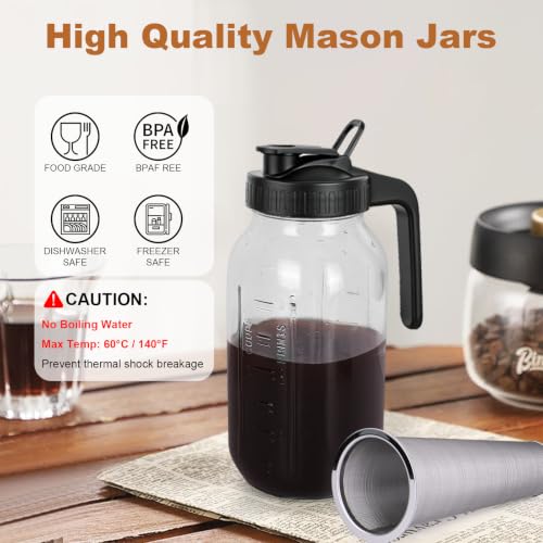 Image of Cold Brew Coffee Maker, 64 oz Wide Mouth Mason Jar Pitcher with Stainless Steel Filter, Pour Spout Handle Lid, Heavy Duty Glass Airtight & Leak-Proof Pitcher for Iced Brew Coffee & Tea Lemonade