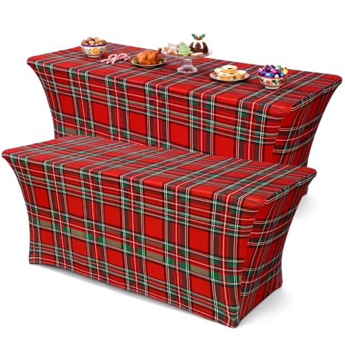 Oudain 2 Pcs Christmas Tablecloth 6 ft Red Green Buffalo Plaid Table Cover