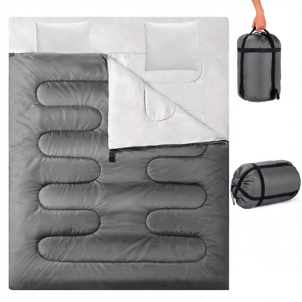 Double Sleeping Bag, Extra Large 3-4 Season Lightweight,Waterproof Indoor & Outdoor Use for Adults & Kids, Premium Sleeping bag for Hiking, Backpacking and Camping (Grey)