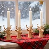 DN DECONATION Christmas Candle Holders Set of 4 β Reindeer Taper Candle Holders in Rustic Wood Color, Deer Head Candlestick Holders Holiday Tabletop Decor for Living Room, Fireplace, Party & Gift