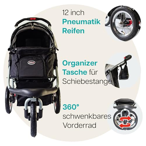 Hundebuggy Innopet Comfort Air Eco Schwarz/Silber – Hundewagen Katzenwagen mit 30cm Luftreifen, einhändig faltbar, für Waldwege geeignet – reflektierende Streifen, Organizer Vorderrad fixierbar