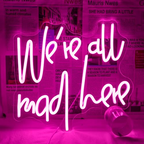 Image of WLHOPE We're All Mad Here Neon Sign Pink Neon Signs for Wall Decor Alice In Wonderland Party Decorations Connectivity Via Neon Light for Bedroom Home Dorm Wedding Party Bar Pub Salon Christmas Gifts