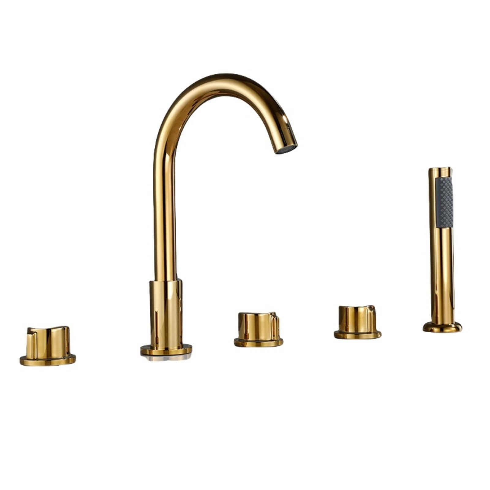 NZPOST Bath Taps Gold 5 Hole Bath Shower Mixer Tap 360 Swivel Spout Gooseneck Shower Head and Hose Set for