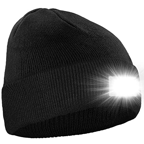 Hotdor LED Beanie Knit Cap Ultra Bright Hands Free Lighted Hat with Battery Powered Headlamp Safety Accessories for Sports Outdoors Activities Chores Winter Morning Night Warm Gifts for Thanksgiving