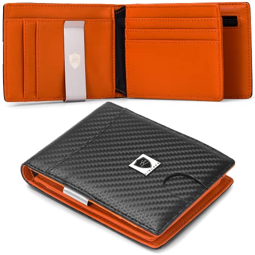 Slim Mens Card Wallet, RFID Blocking Wallet, Moneyclip Credit Card Holder, Coin Purse, Minimalist Wallets for Men, Designer Gifts for Men with Gift Box, C. Carbon Fibre Flip Wallet Black - Orange