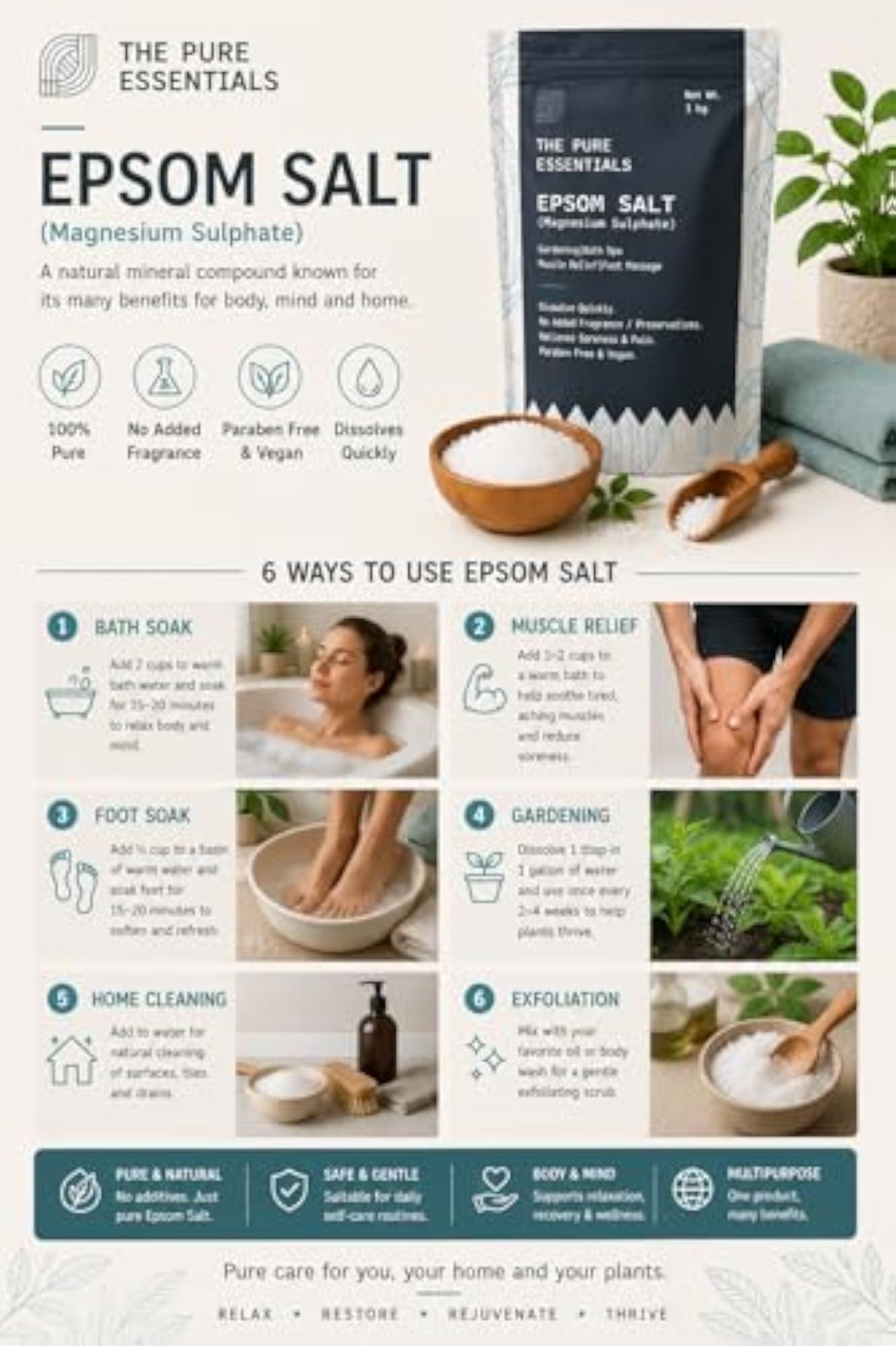 Epsom Salt for Foot & Bath 1kg, Magnesium Sulphate