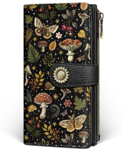 GIANCOMICS Butterfly Mushroom Womens Wallet RFID Blocking, Credit Card Holder Bifold, PU Leather Travel Billfold, Cute Cash Purse, Zipper Coin Pocket Clutch, 11 Card Slots, Ladies Gift Woman