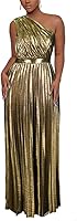 AOMEI Women's Shiny Metallic One Shoulder Pleated Maxi Dress - Sleeveless Elegant Formal Prom Gown