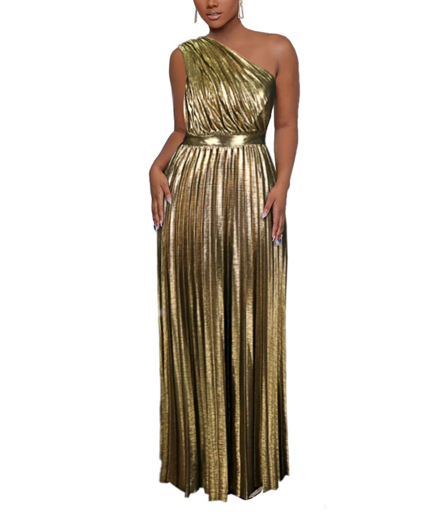 AOMEI Womens Luxury Metallic One Shoulder Sleeveless Elegant Pleated Long Dress