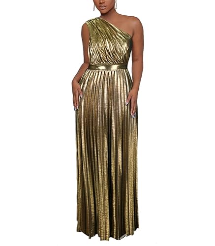 AOMEI Women's Luxury Metallic One Shoulder Sleeveless Elegant Pleated Long