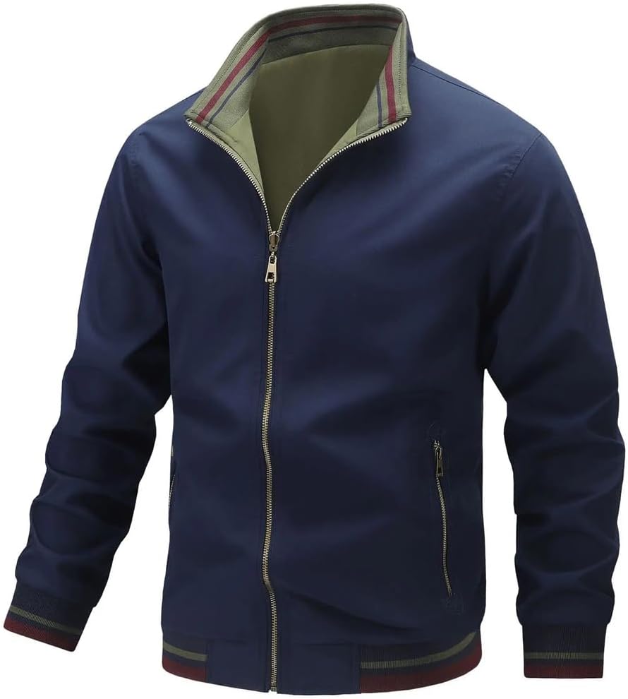 Men's Reversible Stand-Collar Bomber Jacket Long Sleeve Casual Zip-Up Outerwear Coat
